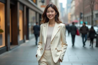 Actrice asiatique élégante dans la rue urbaine en mode chic