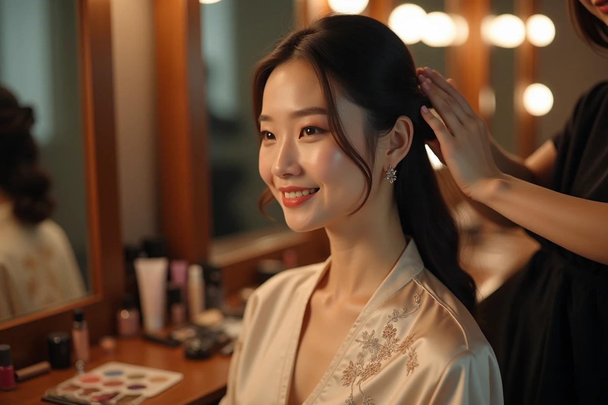 Actrice asiatique souriante lors d’un maquillage en coulisses
