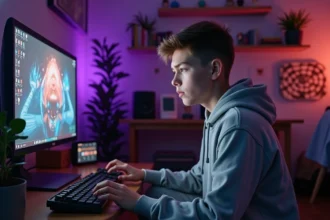 Adolescent concentré devant son PC gaming dans sa chambre, illustrant le temps de jeu vidéo et la gestion de l'équilibre numérique