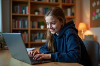 Adolescente consultant une encyclopédie collaborative en ligne sur son ordinateur portable dans sa chambre d'étudiant