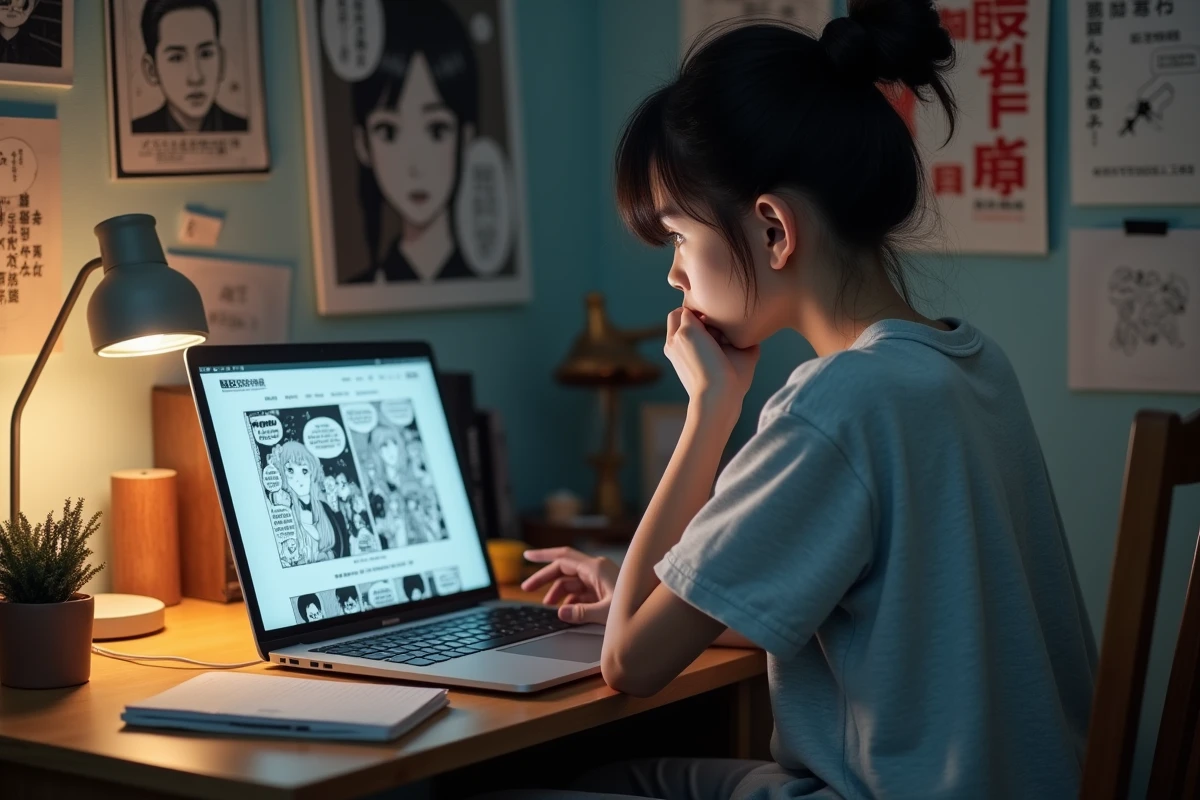 Adolescente lisant un scan de manga One Piece sur ordinateur portable avec une expression interrogative