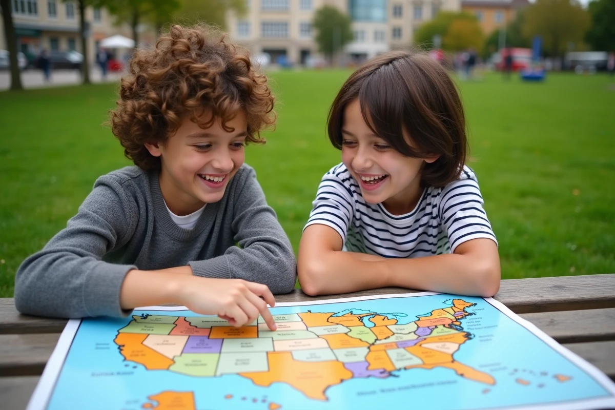 Deux adolescents regardant une carte des États-Unis dans un parc