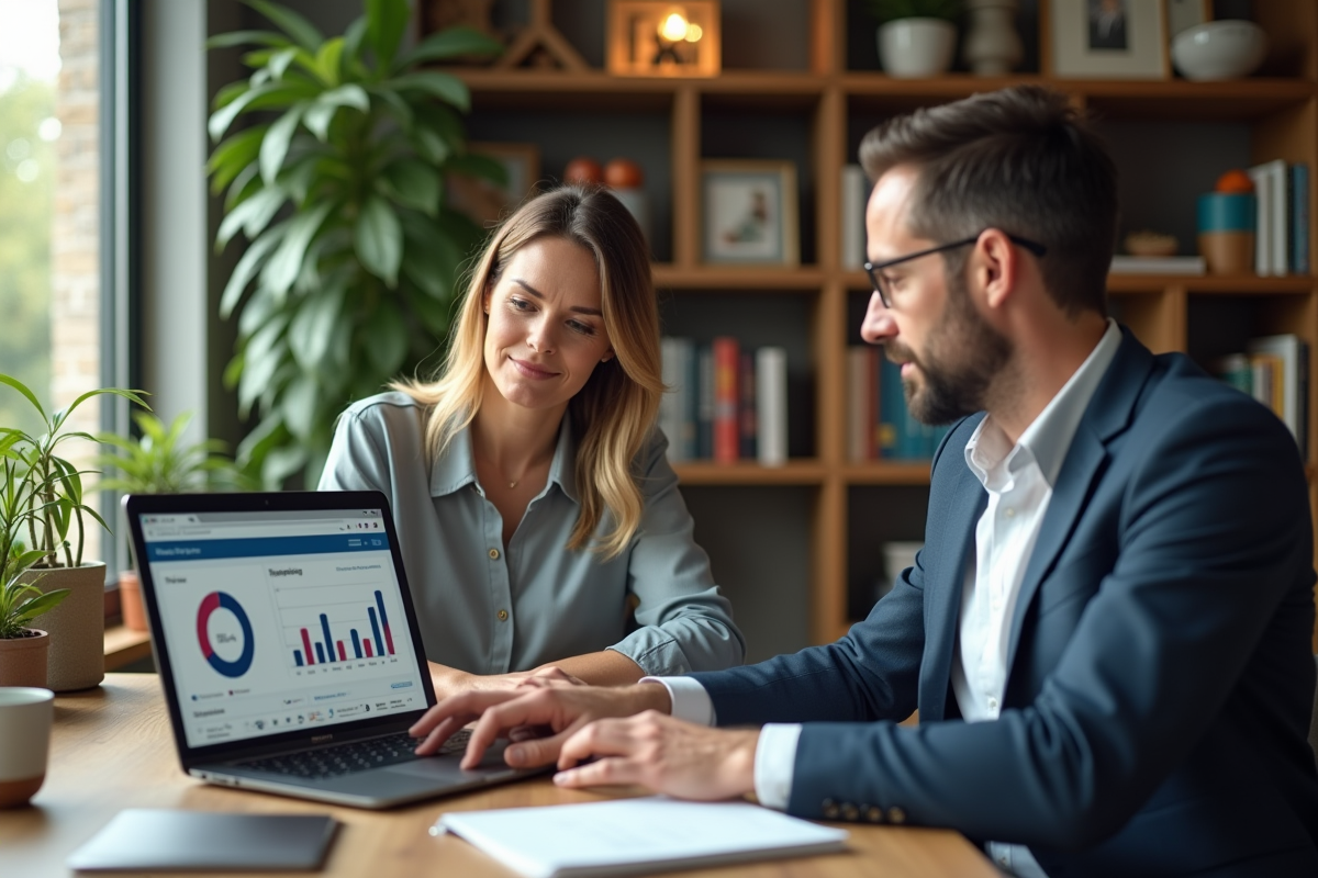 Homme et femme analysant des graphiques sur un ordinateur