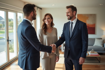 Agent immobilier serre la main d'un couple dans un salon lumineux