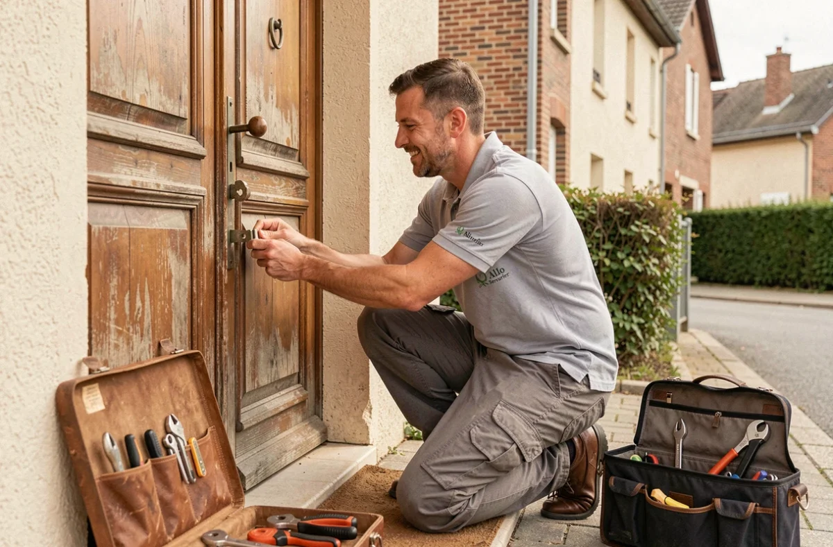 Technicien Allo Serrurier Savigny remplaçant un loquet usé sur une porte en bois d'une maison individuelle à Savigny-sur-Orge