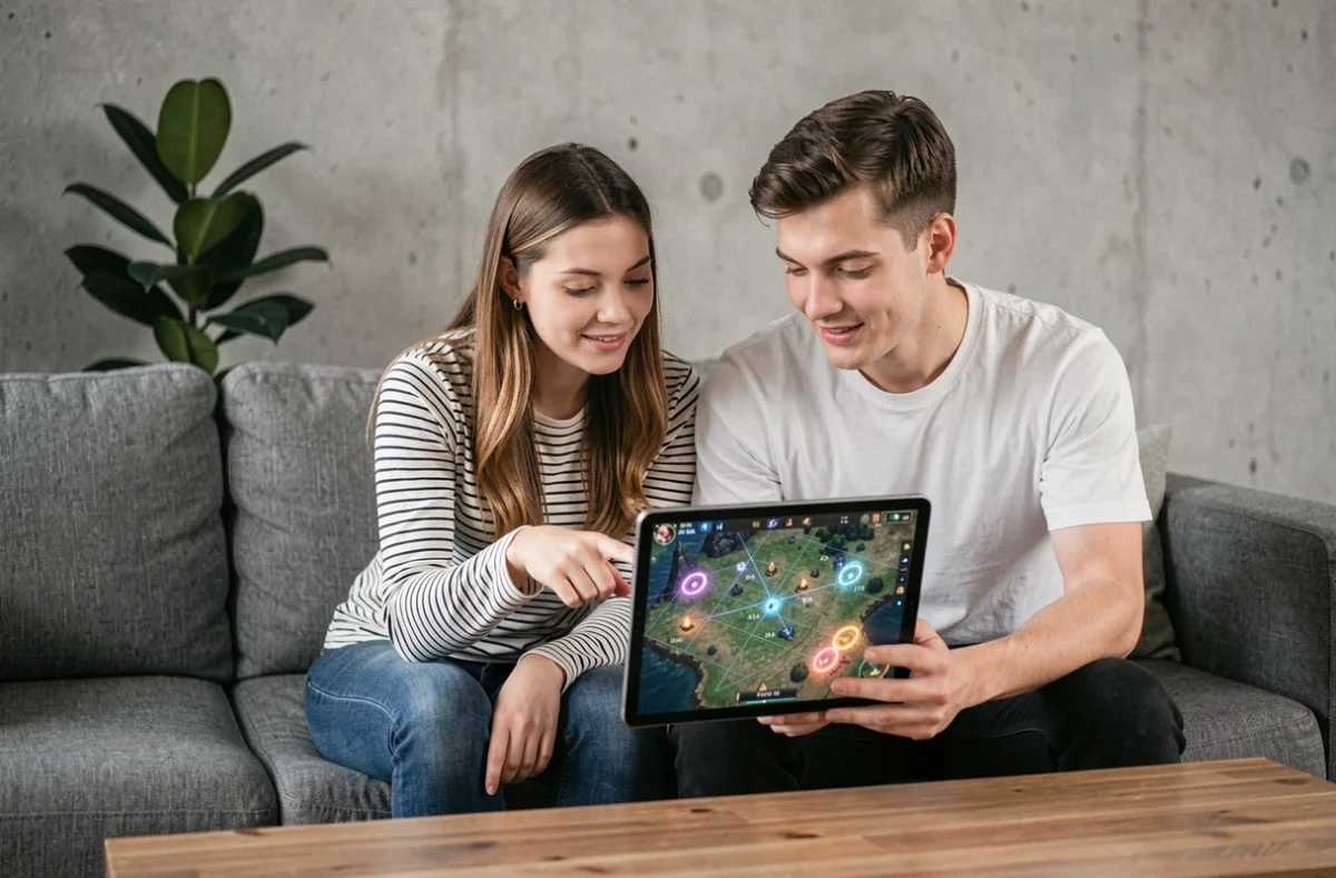 Deux amis découvrant ensemble le système de portails Dofus sur une tablette dans un salon moderne
