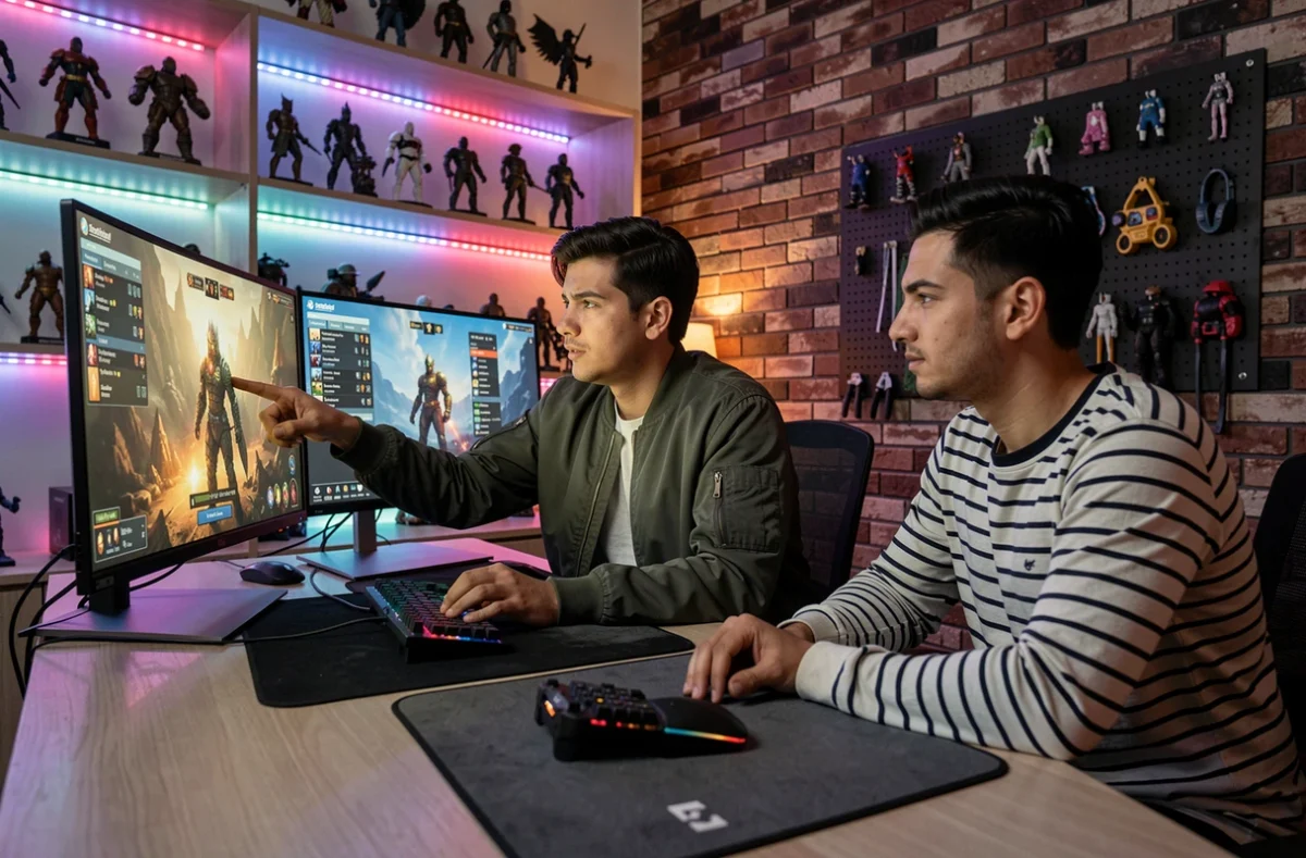 Deux amis joueurs analysant ensemble leur stratégie sur des écrans de jeu Dofus, discutant des erreurs à ne pas commettre dans le scénario L'occasion fait le larron