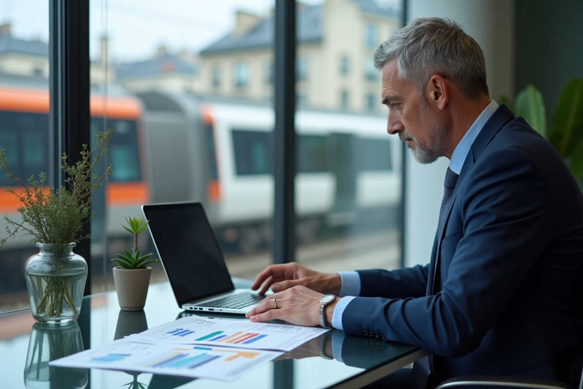 Analyste financier en costume à Paris avec graphiques SNCF