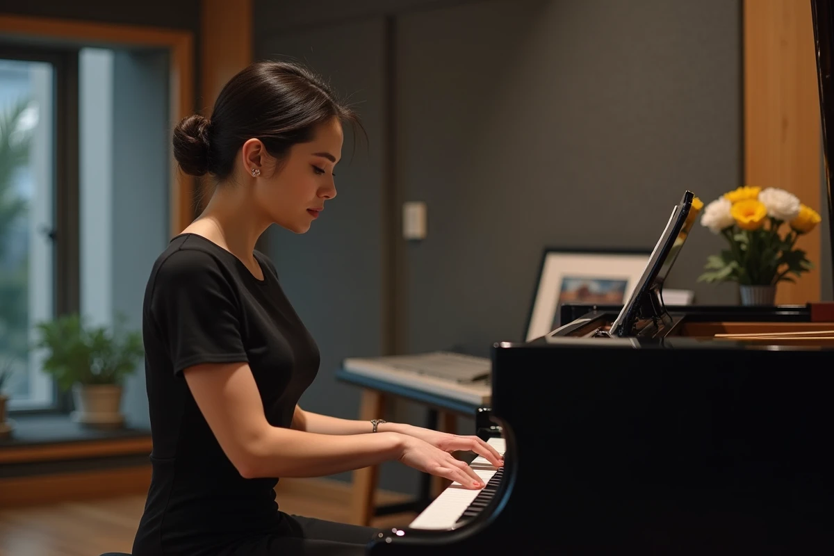 Chanteuse assise au piano dans un studio d'enregistrement moderne, image évocatrice du travail artistique d'Anne Sila