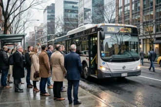 File de passagers attendant le bus 378 à un arrêt urbain animé en heure de pointe matinale