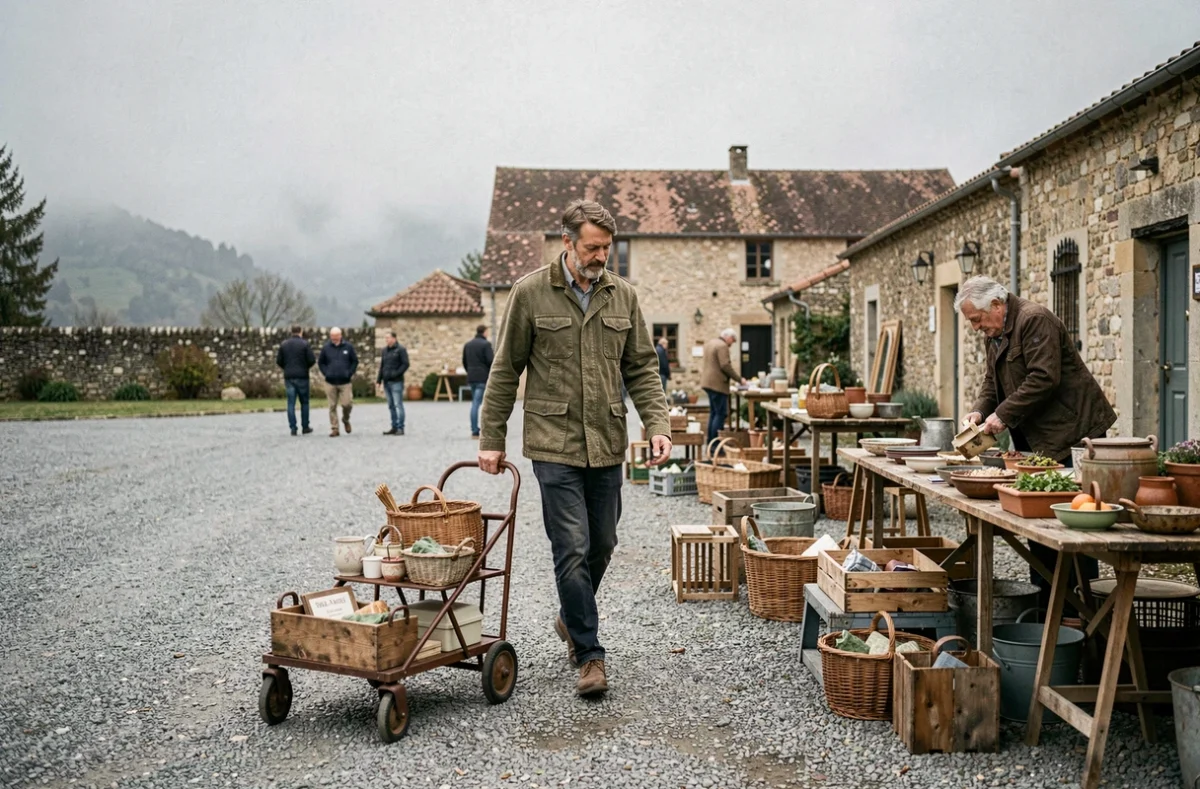 Homme arrivant tôt à une brocante rurale en Aveyron avec un chariot pour ses trouvailles