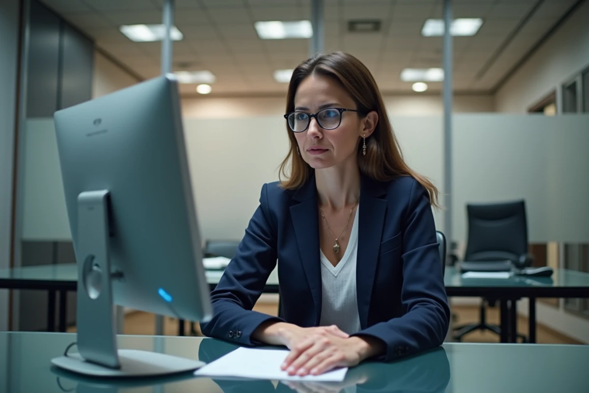 Avocate en blazer marine face à un message d'erreur de compte bloqué sur le portail en ligne Avocat à distance