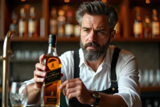 Barman expérimenté inspectant une bouteille de Johnnie Walker Black Label pour détecter un faux whisky