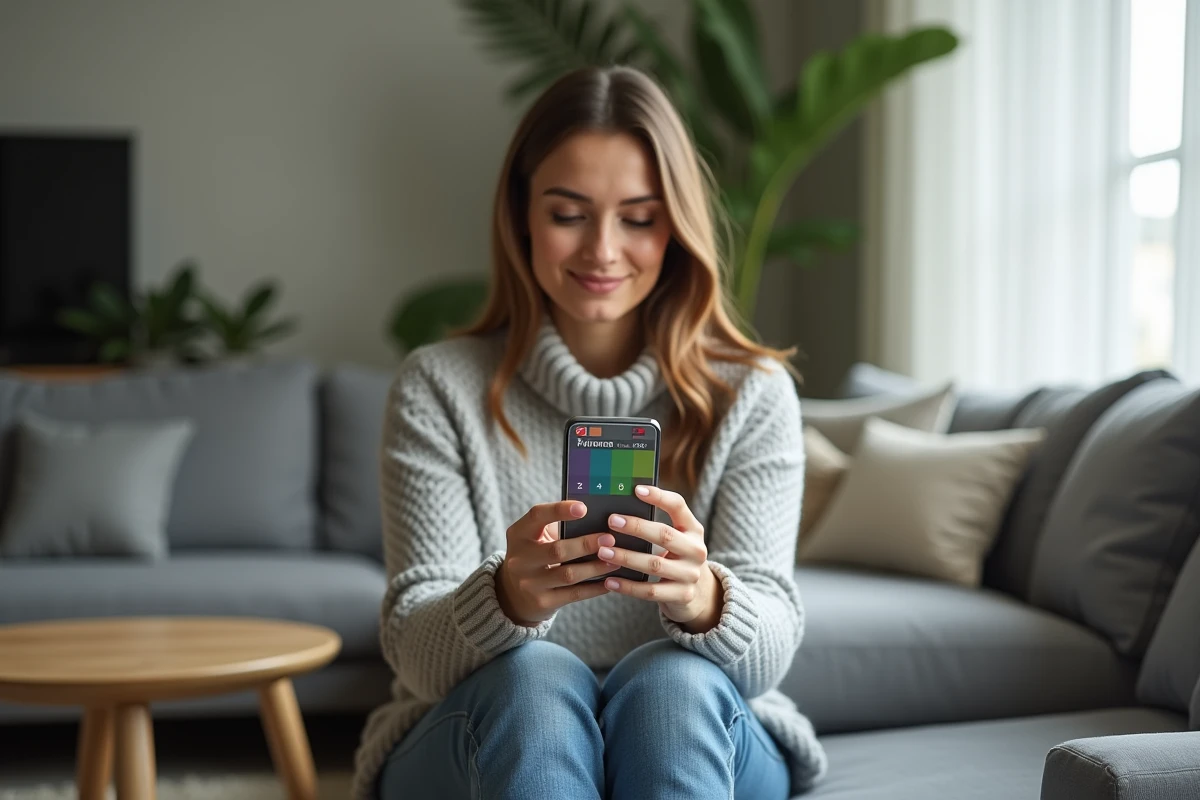 Femme jouant à la belote coinchée gratuite sur smartphone dans un salon moderne