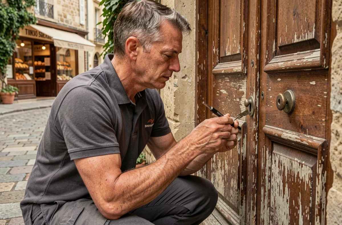 Bruno Serrurier extrayant une clé cassée d'une serrure ancienne dans une rue pavée du centre-ville en Essonne