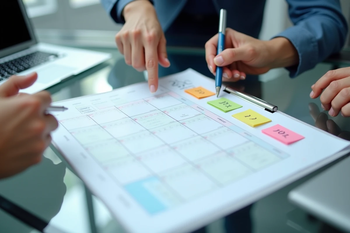 Vue rapprochée d'un calendrier trimestriel 2026 en une page sur une table de réunion avec des collègues pointant les trimestres