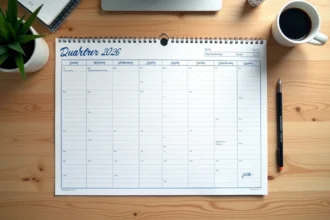 Calendrier trimestriel 2026 imprimé en une page posé à plat sur un bureau en chêne avec annotations manuscrites