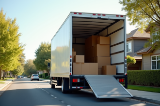 Camion de déménagement spacieux avec portes ouvertes sur une rue ensoleillée