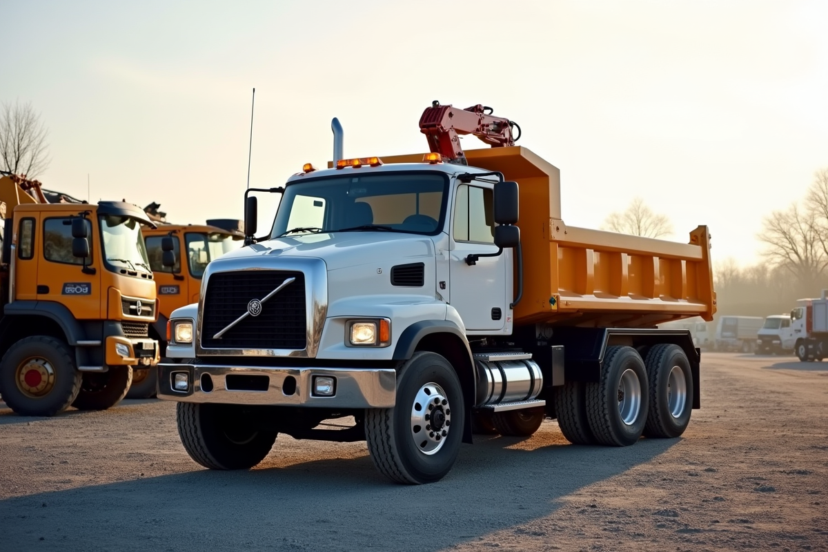 Camion grue stationne sur gravier avec machines lourdes
