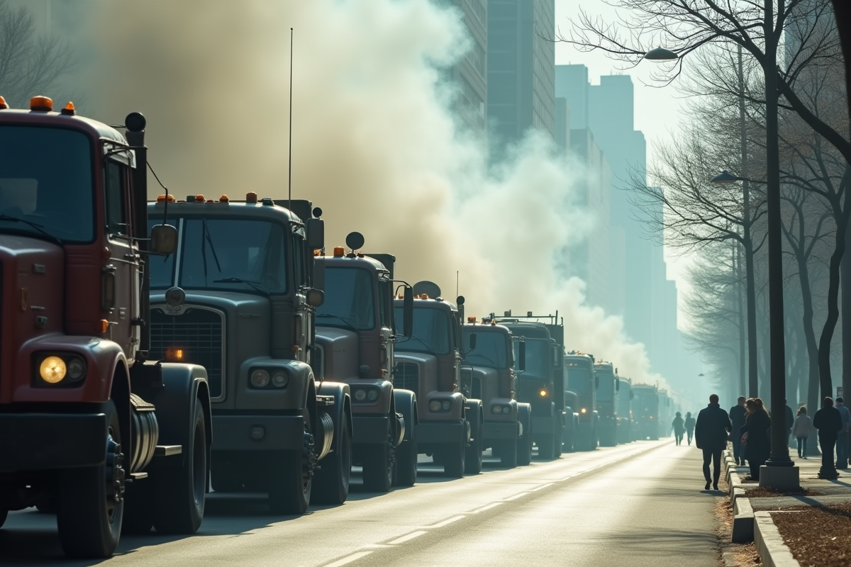 Ligne de vieux camions diesel en ville avec pollution visible