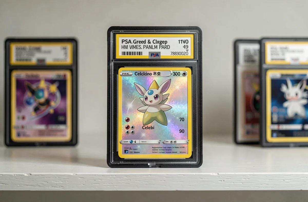 Carte Pokémon Celebi star gradée PSA dans son slab de protection rigide posée sur une étagère blanche minimaliste