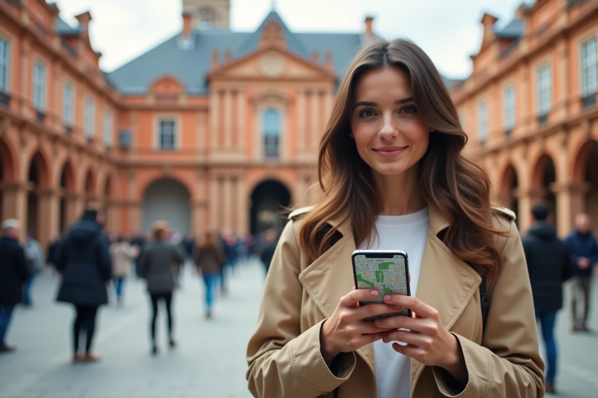 Jeune femme consultant une carte des codes postaux de Toulouse sur smartphone devant la Place du Capitole