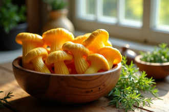 Champignons chanterelles jaunes dans un bol en bois rustique
