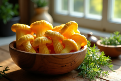 Champignons chanterelles jaunes dans un bol en bois rustique