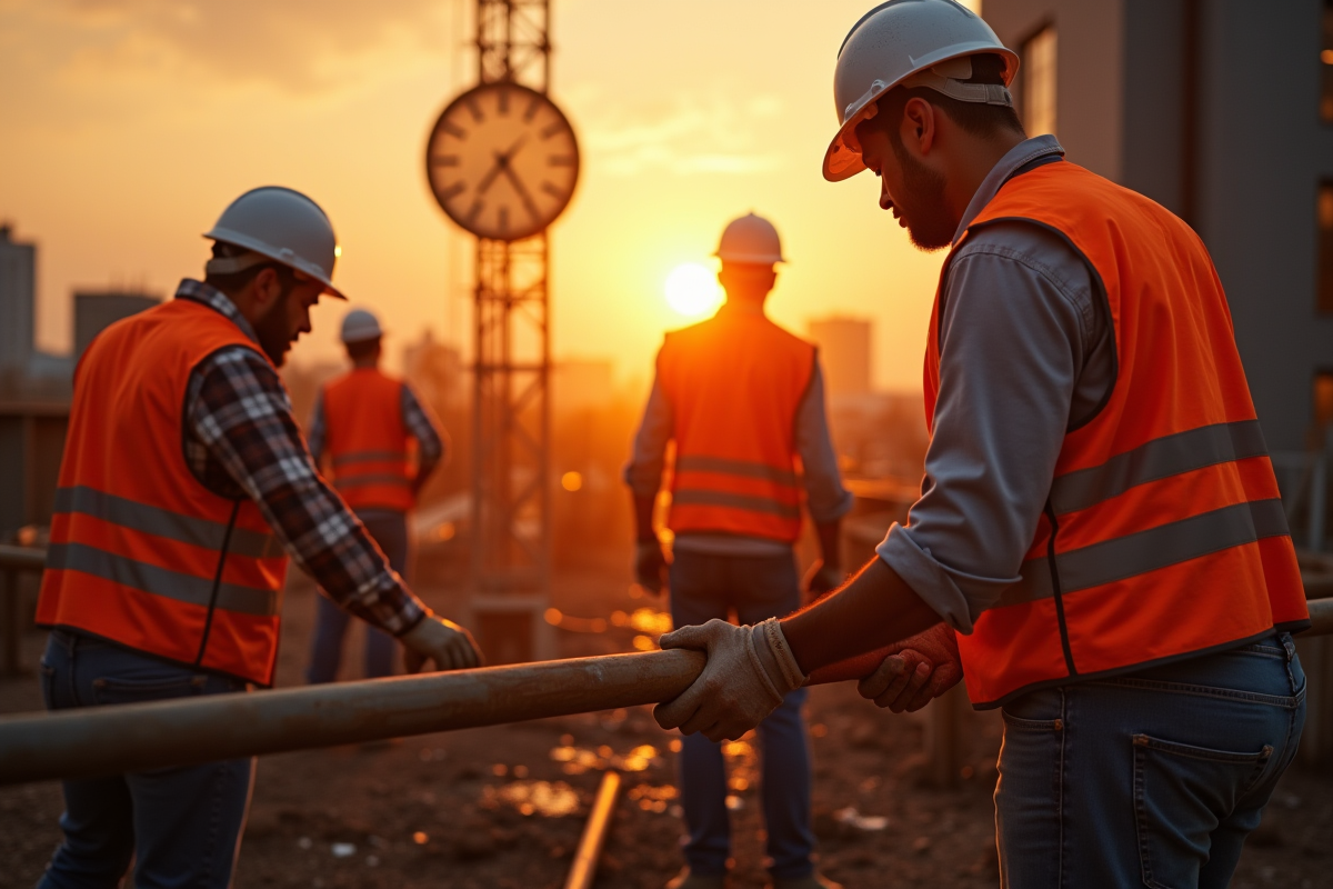 Ouvriers sur un chantier au coucher du soleil avec horloge