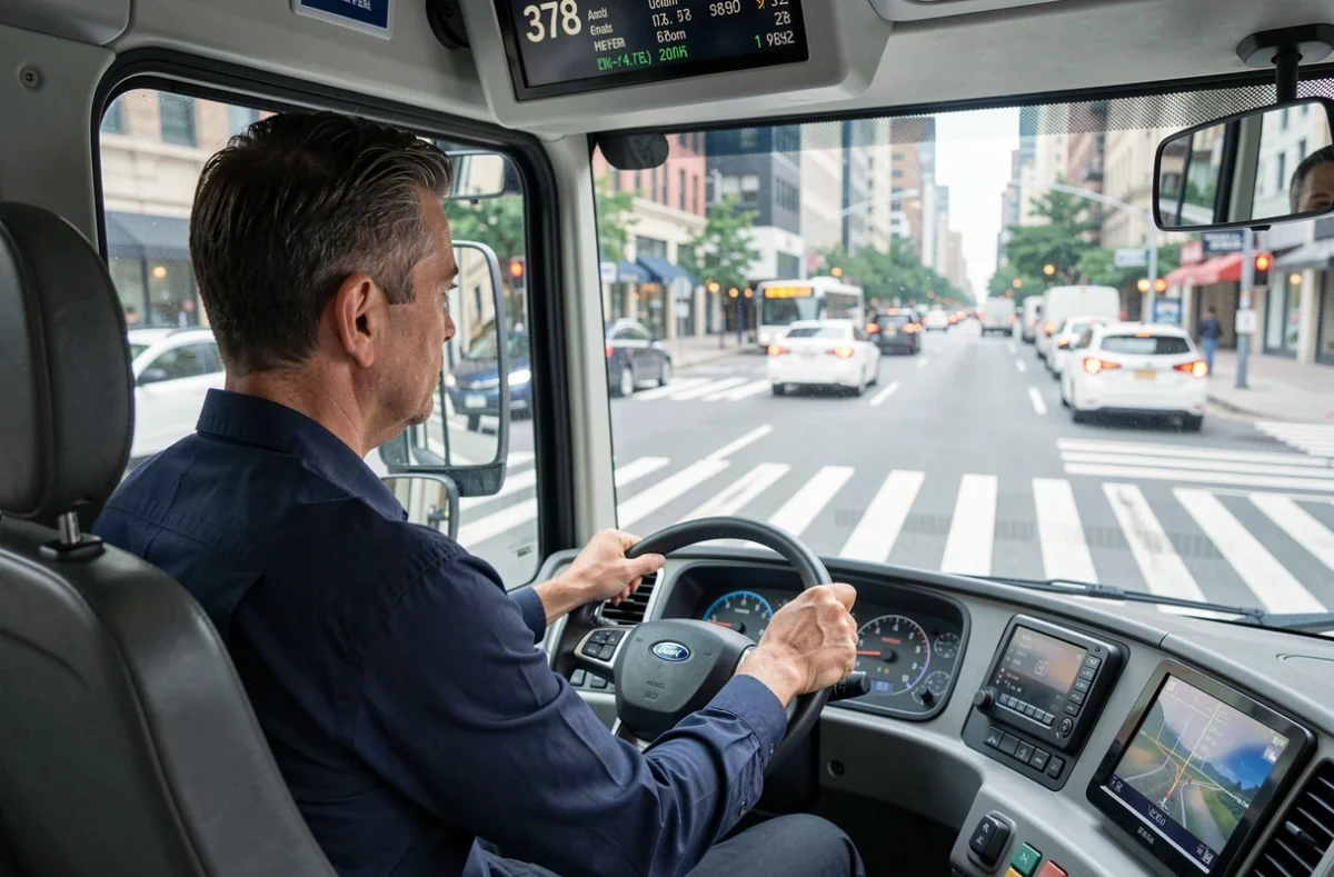Chauffeur de bus de la ligne 378 concentré au volant lors d'un trajet en heure de pointe