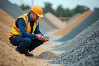 Chef de chantier examinant des granulats sur un site extérieur