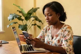 Femme mauricienne cherchant un code postal à l'Île Maurice sur son smartphone depuis son bureau à domicile