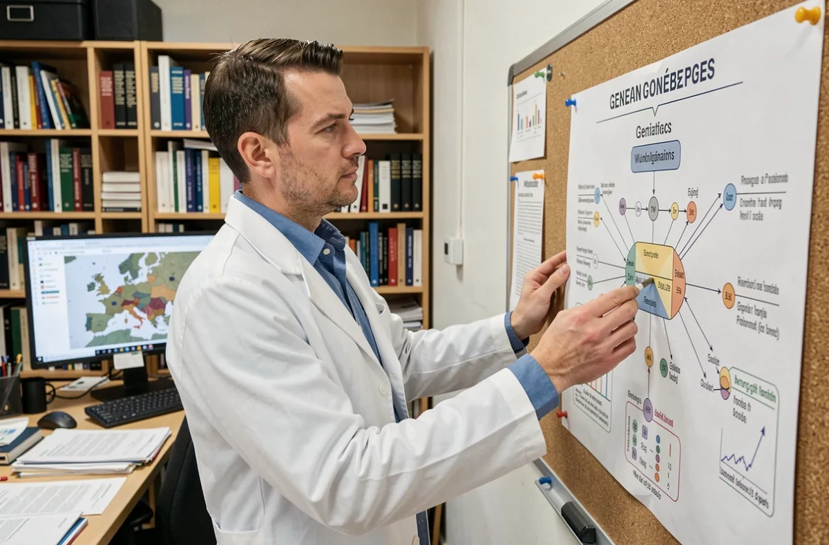 Chercheur en génétique examinant une carte de distribution des yeux bleus en Europe dans un bureau universitaire, illustrant l'étude scientifique de la prévalence des yeux bleus dans certains pays
