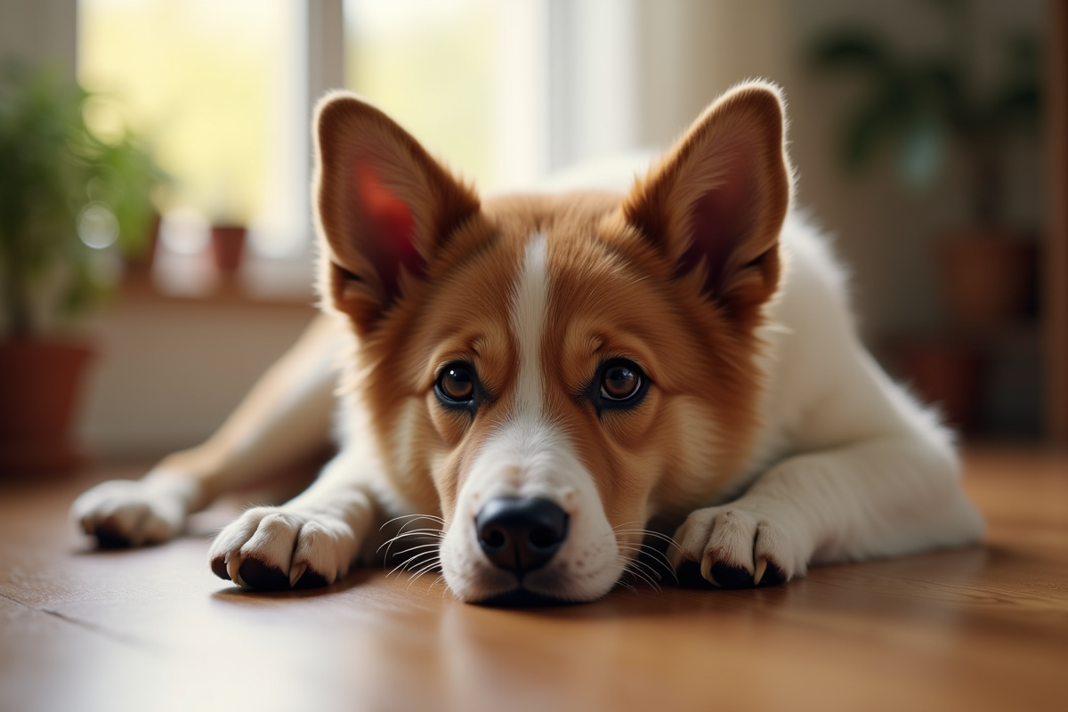 Jeune chien allongé sur le sol intérieur avec regard