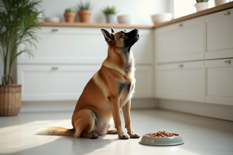Chien Laekenois assis dans une cuisine lumineuse regardant sa nourriture