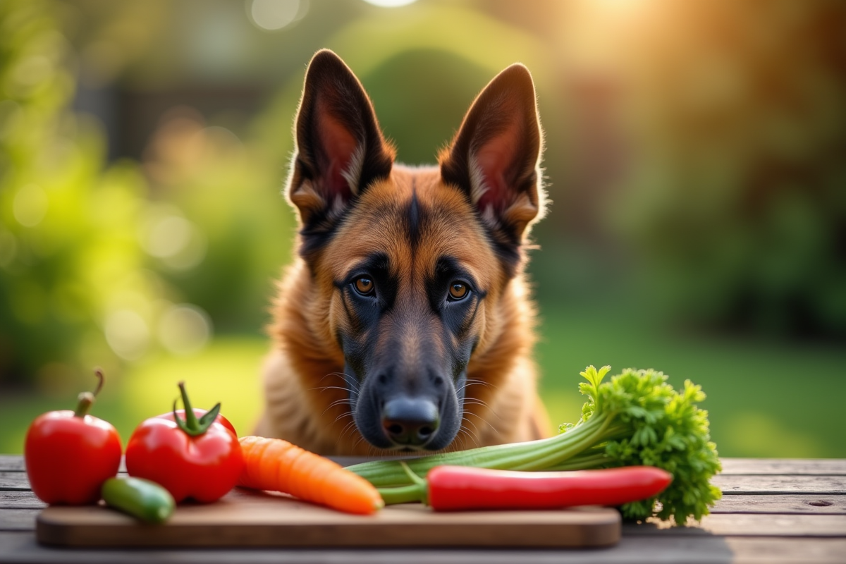 Chien Laekenois dans un jardin sentant des légumes frais