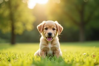 Chiot mâle adorable dans un parc ensoleille
