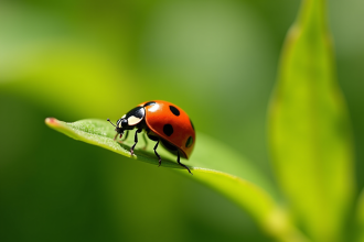 Coccinelle rouge sur une feuille verte lumineuse