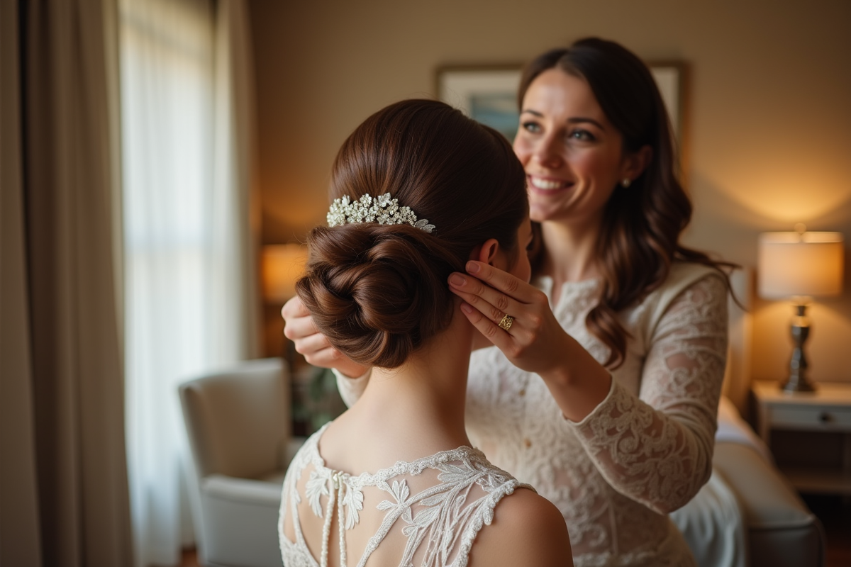 Coiffeur finissant une coiffure élégante sur la mariée