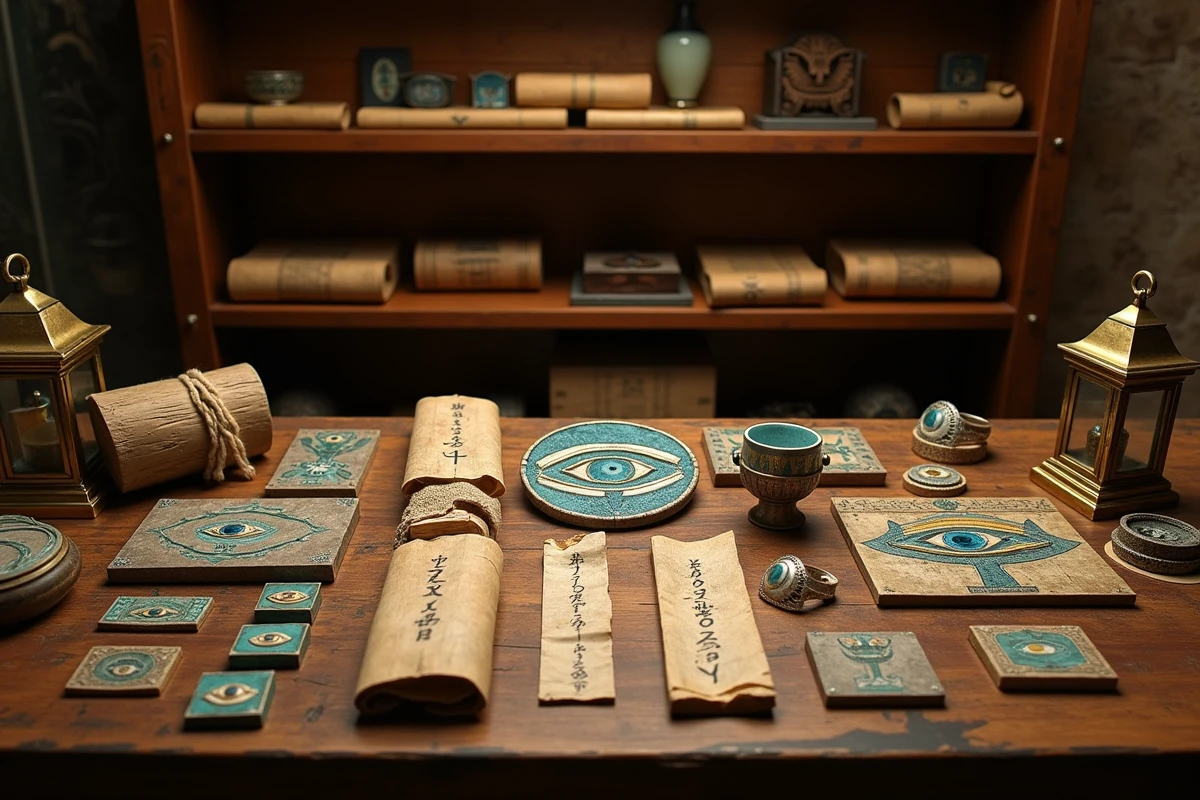 Collection d'objets symboliques de l'œil égyptien exposés dans une boutique d'antiquités avec faïences, parchemins et bagues en argent