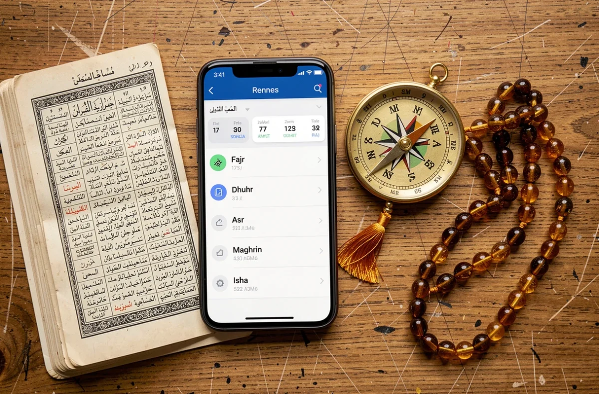 Comparaison entre application numérique d'heure de prière et calendrier islamique imprimé sur un bureau à Rennes