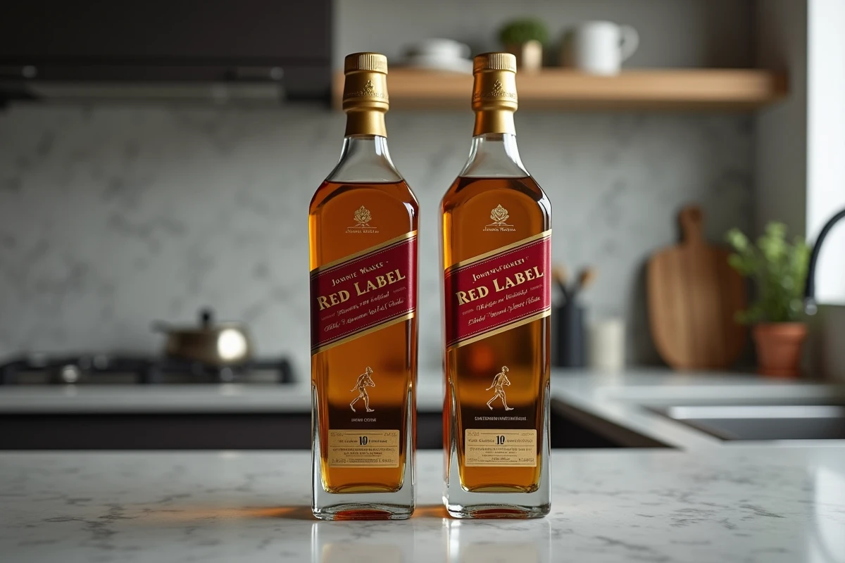 Comparaison côte à côte d'une bouteille authentique et d'un faux Johnnie Walker Red Label pour identifier les contrefaçons