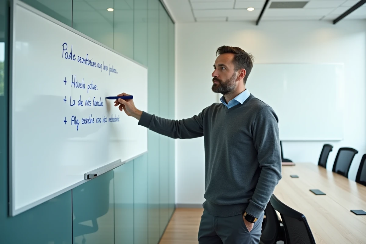 Homme d'affaires devant un tableau blanc comparant deux formulations grammaticales en français dans une salle de réunion