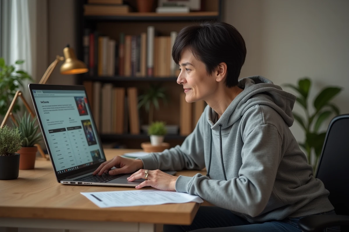 Femme comparant les prix de Battlefield 6 sur un comparateur en ligne depuis son bureau à domicile