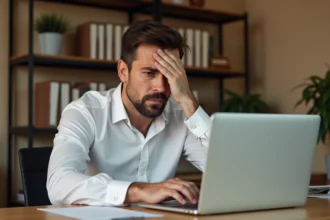 Homme frustré devant un écran d'ordinateur affichant une erreur de connexion au portail Avocat à distance