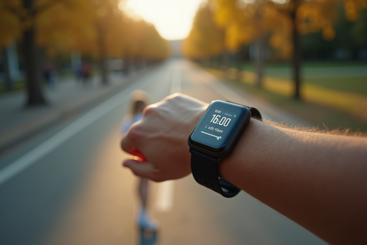 Montre connectee affichant 16000 pas sur le poignet en sport