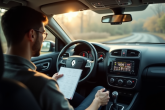 Personne dans une Renault regarde le tableau de bord avec un carnet