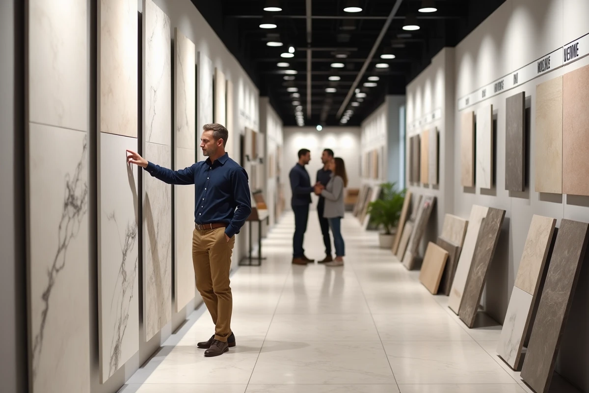 Conseiller vendeur présentant des carreaux en marbre à des clients dans un showroom de carrelage