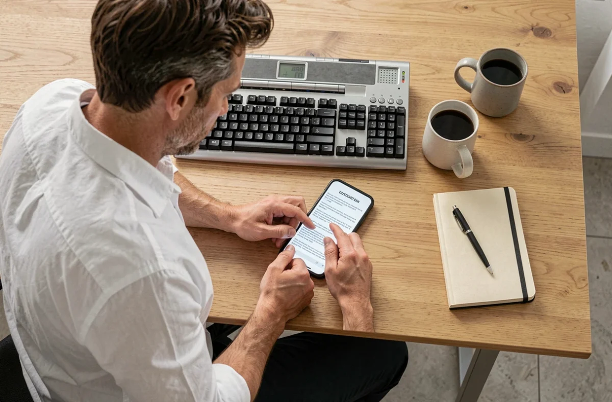 Homme consultant un document scanné sur mobile depuis un bureau à domicile, optimisant sa lecture numérique avec l'application Epsylon Scan