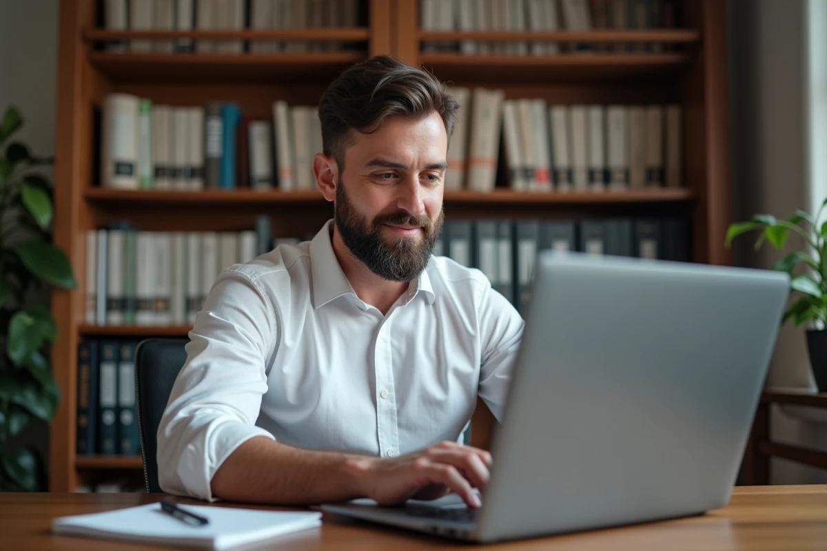 Homme consultant un registre officiel des sociétés en ligne depuis son bureau à domicile